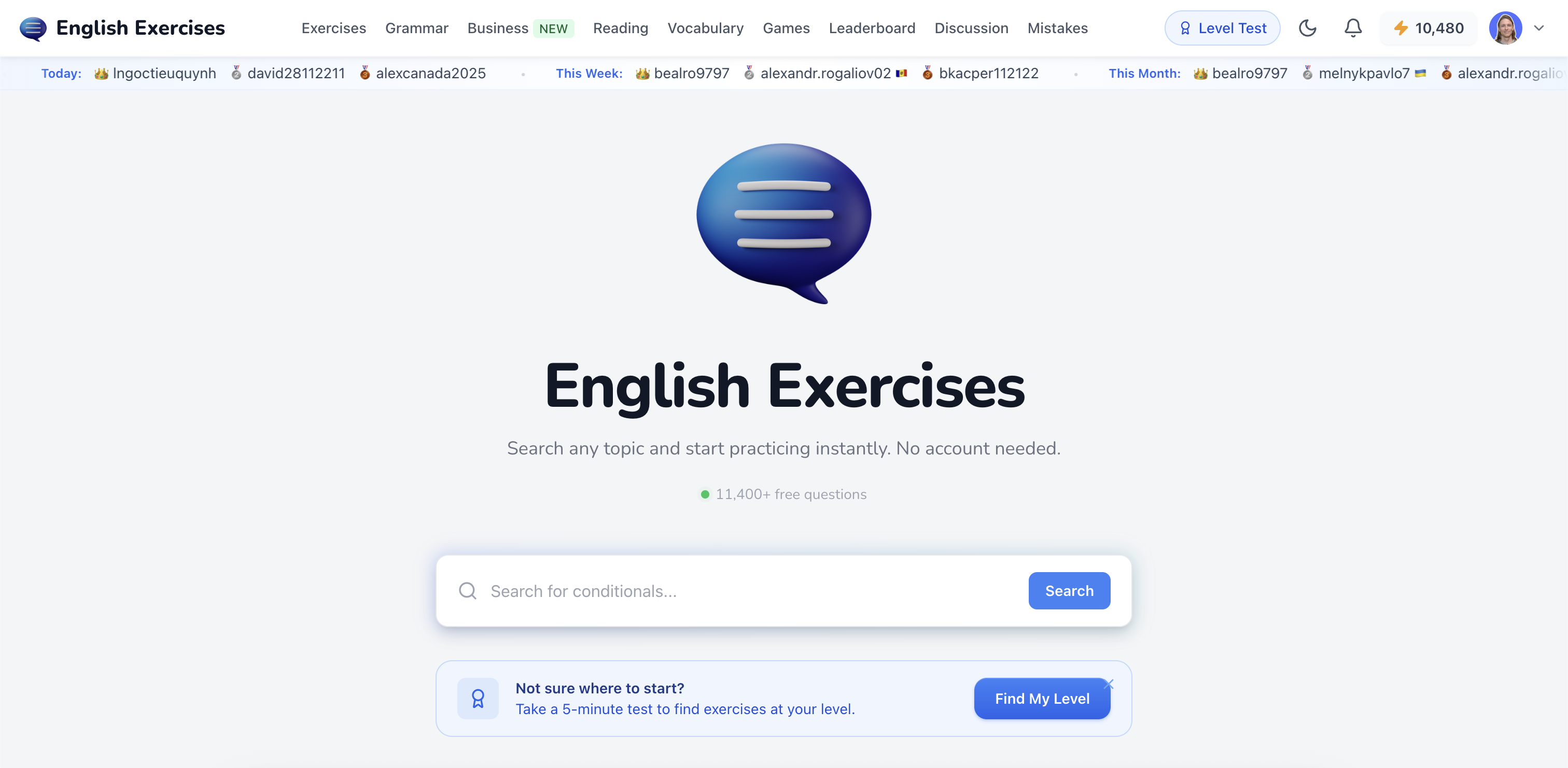 Homepage screenshot from english-exercises.org